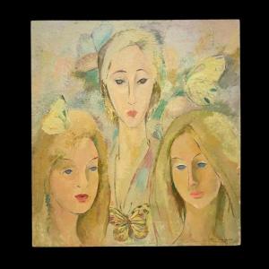 Flory Roland, Painting - Butterflies - 3 Women's Faces, Oil Painting On Panel, Ca. 1975