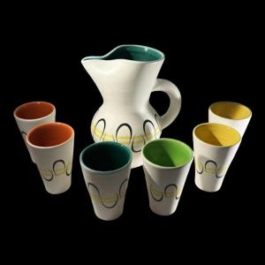 Andre Baud For Vallauris, Ceramic Jug And 6 Glasses Set, Ca 1960