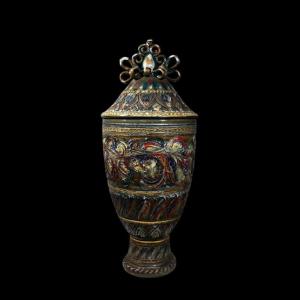 Louis Waem For Maîtrise De Nimy, Polychrome Ceramic Covered Vase, 1940s