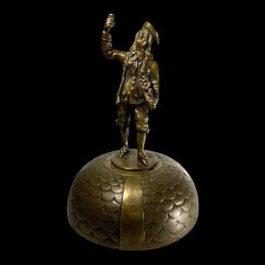 Hotel Bell, Bronze Sculpture Of A Figure With 4 Oak Acorn Bells, 19th Century