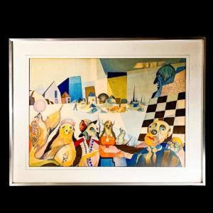 Cubo-surrealist Painting, Mixed Media On Paper, Signed And Dated David 1974