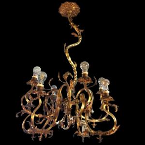Napoleon III Bronze Chandelier, Louis XV Style, Baroque Rocaille Twist, 1890.