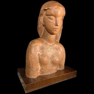 Harry Elstrom, Art Deco Expressionist Sculpture "nude Female Bust" Unique Piece 1940
