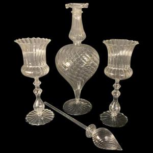 Murano, Set Of 6 Carafes And A Mixer, Colorless Blown Glass, 1980s