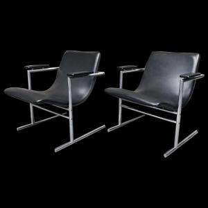 Rudi Verelst "oslo" For Novalux, Pair Of Chrome-plated Metal And Black Vinyl Armchairs, Circa 1970