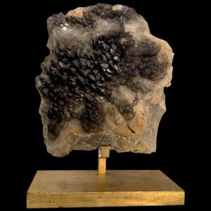Willy Daro (attr) Important Black Smoky Quartz, Natural Stone, Golden Base 1970s