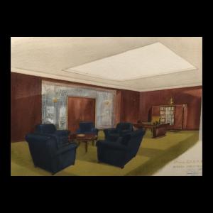 Art Deco Watercolor "president's Office" Of Sabam By The Vanderborght Establishments In Brussels