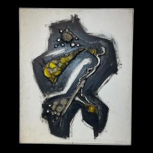 Gilbert Auquiere "fusion XXI" Mixed Media, Abstract Painting On Panel In 1965