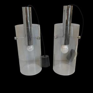 Glashütte Limburg, Pair Of Cylindrical Pendant Lamps, Glass And Chromed Steel, Ca 1960-70