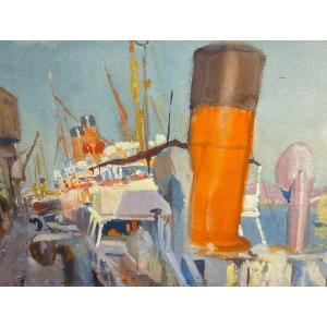Jules Van De Leene, Painting " Paquebot à Quai " Gouache On Cardboard, Ca 1920