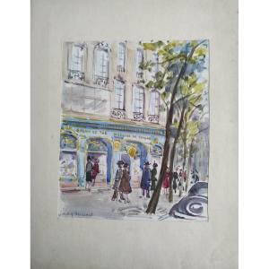 Marguerite Bermond: Watercolor Place De La Madeleine In Paris 1951