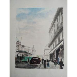 Marguerite Bermond Aquarelle . Vue De Paris Animé " l'Opéra " 1951