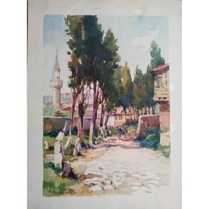 Nicolas  Markovitch : Aquarelle "rue Et Cimetière à Scultari