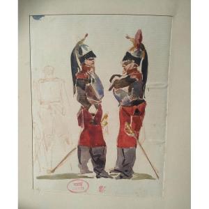 Victor Giraud :  2 Cuirassiers Dessin Aquarelle Vers 1870
