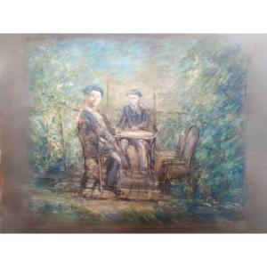 Henri Dreyfus Lemaître: “conversation Under The Arbor” Pastel On Paper