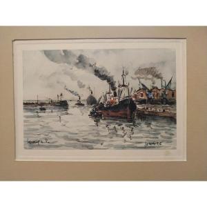 Lavoine L.p. Robert: " Entrée Du Port Du Havre" Aquarelle Sur Papier