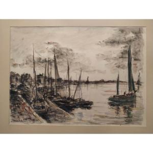 Fernand Laval : Aquarelle Les Sables-d'olonne .  La Chaussée Vue De La Poissonnerie  En 1929.