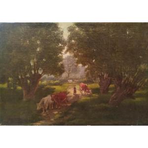 Léon Bonnat: "return Of The Cows To The Stable" Oil On Canvas Circa 1880