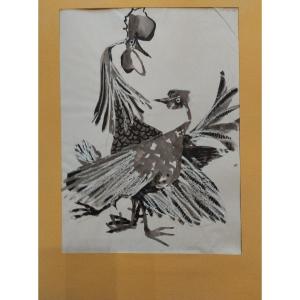 Henri Plisson: “cockfight” Lavis Around 1950