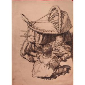 "baby Landeau And Teddy Bears" Charcoal And Wash By Jean Bonnier