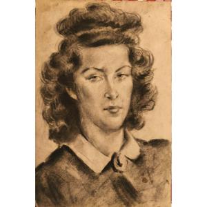 Louis De Klamery: Portrait Of A Woman In Black Stone And Pastel