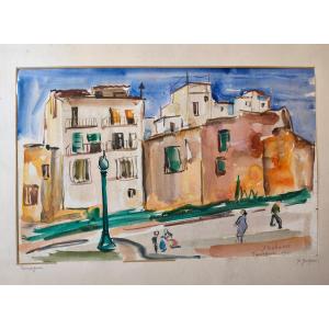 Yvonne Gueguan "tarragona" Watercolor, Signed And Dated 1951, Located In Tarragona