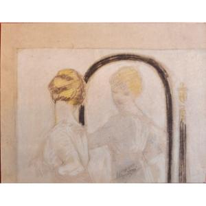 "elegant Woman At The Mirror" Pastels By Léo Fontan Circa 1925