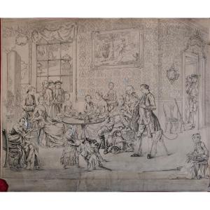 "reception In A Louis XV Interior" Preparatory Drawing By L. Carred, Carmontelle School