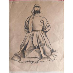 "kneeling Woman" Charcoal On Paper Circa 1880 By Louis Saint-blancat Stained Glass Artist.