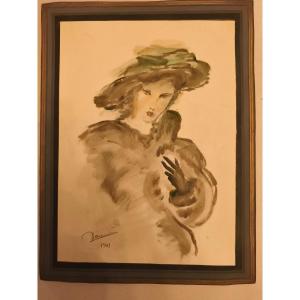 "elegant Woman In A Hat" Watercolor By Jean Lareuse In 1949