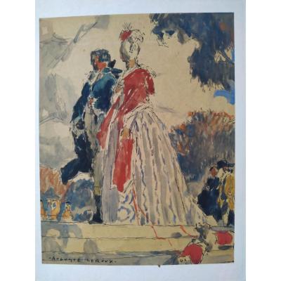 promenade dans un parc" gouache par Auguste Leroux 