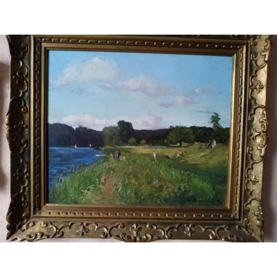 " dimanche au bord de l'eau" Huile par Amédée Boucher -