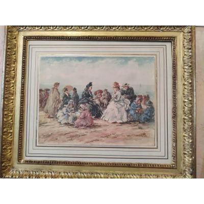 "Scène de plage animée vers 1900" aquarelle sur papier -