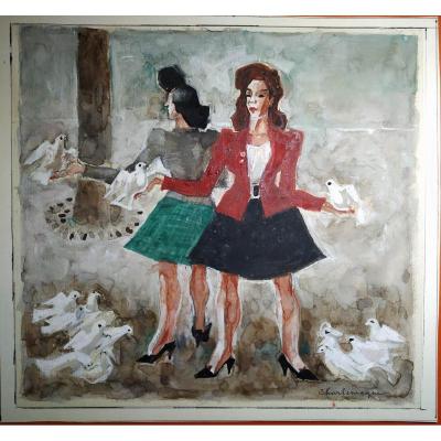 " 2 femmes au colombes blanches " gouache par Paul Charlemagne 1892-1972 - -