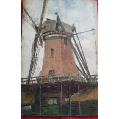 "Vieux Moulin à  Zandam" panneau peint  par Alexandre Bailly en 1897