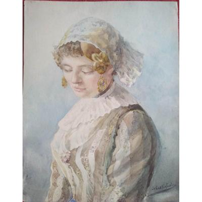 Jeune fille en tenue traditionnelle" Aquarelle par De Castigliole -