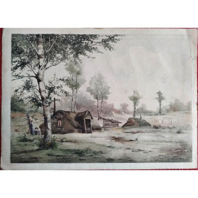 Pierre Emmanuel Damoye "the Cabin In The Forest" Watercolor Dated 1890