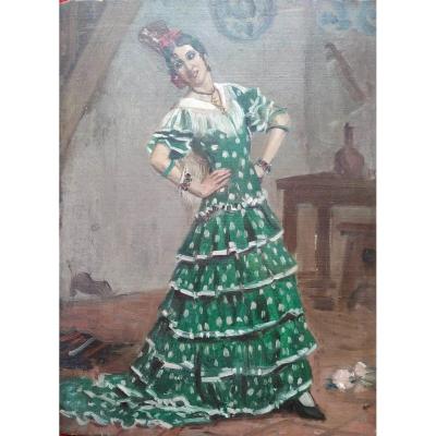 danseuse espagnole par André Leroux huile sur panneau vers 1940 -