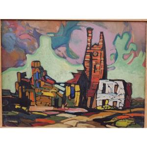 Raoul Van Maldère (1875-1947) Fauve Landscape, Town On Peat