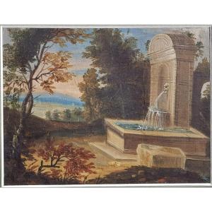 French School 18th Fontaine In A Landscape