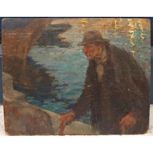 French School 1900 Man With Hat On The Quay