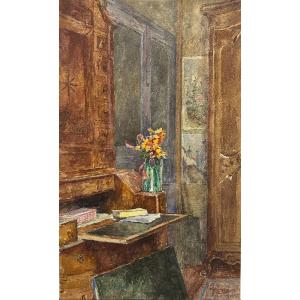 L. Gentil - Interior With A Vase Of Flowers
