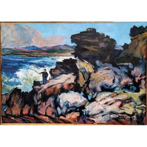 Raoul Van Maldère (1875-1947) Fisherman On The Rocks