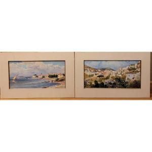 Ernest Louis Lessieux (1848-1925) Two Watercolors: Saint-raphaël And View Of Italy
