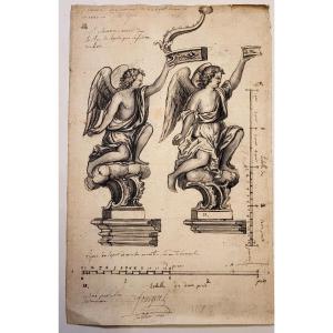 Austremoine Fougerel (18th Century) Drawing For A Sculpture, Angels Bearing A Crown, 1760