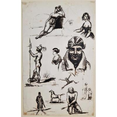 French School 1830 Study Sheet And Self-portrait