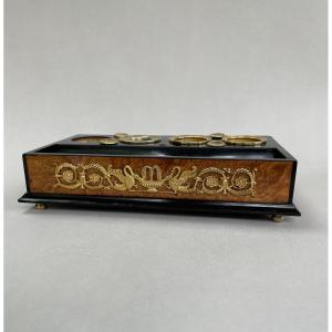 Empire Period Inkwell And Pen Holder In Burl And Ebony Veneer.