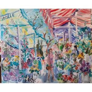 Painting By Yvon Grac (1945), Morning Scene At The Flower Market.