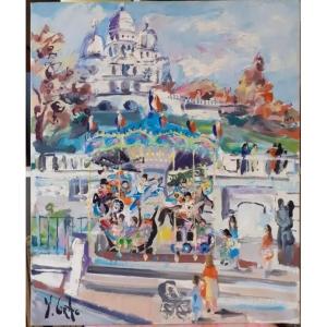 Painting By Yvon Grac (1945), The Carousel Of The Sacré Coeur In Paris, Montmartre.