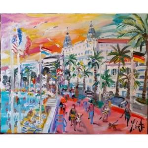 Painting By Yvon Grac, "cannes, The Carlton Palace And The Croisette".